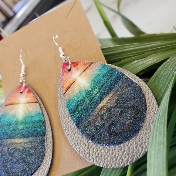 Ocean Sunset Faux Leather Teardrop Earrings - Picture 12 of 13